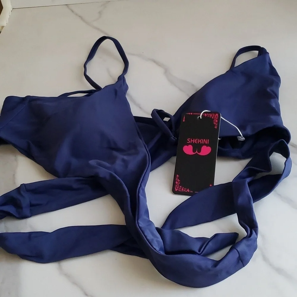 SHEKINI Push Up Bathing Suits Cross Wrap Bikini Set in Deep Blue Size M
